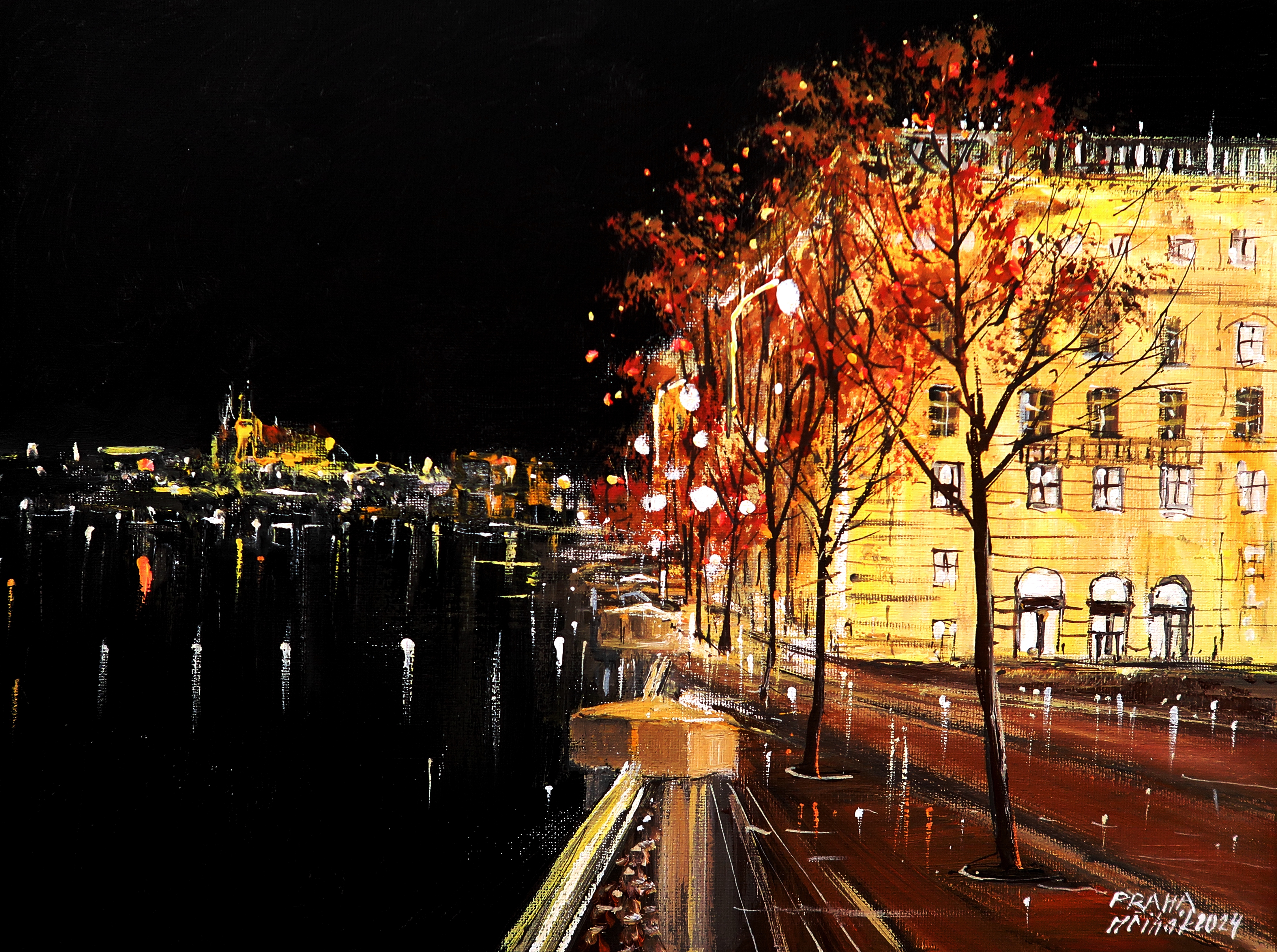 Praha - Noční nábřeží u ND